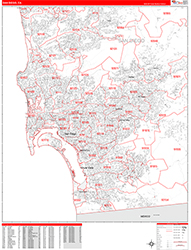 San Diego Wall Map Zip Code Red Line Style 2026